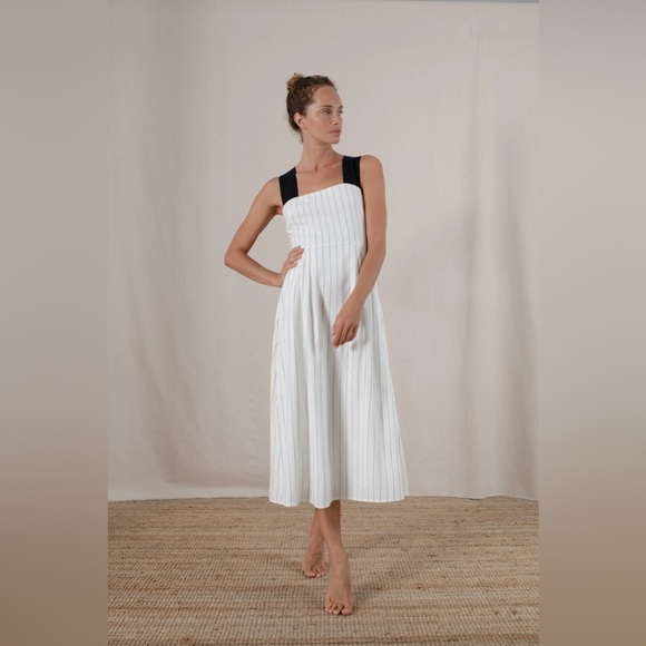 NWT LUXMII Gessato Linen Midi Dress Black Pinstripe - Picture 3 of 11